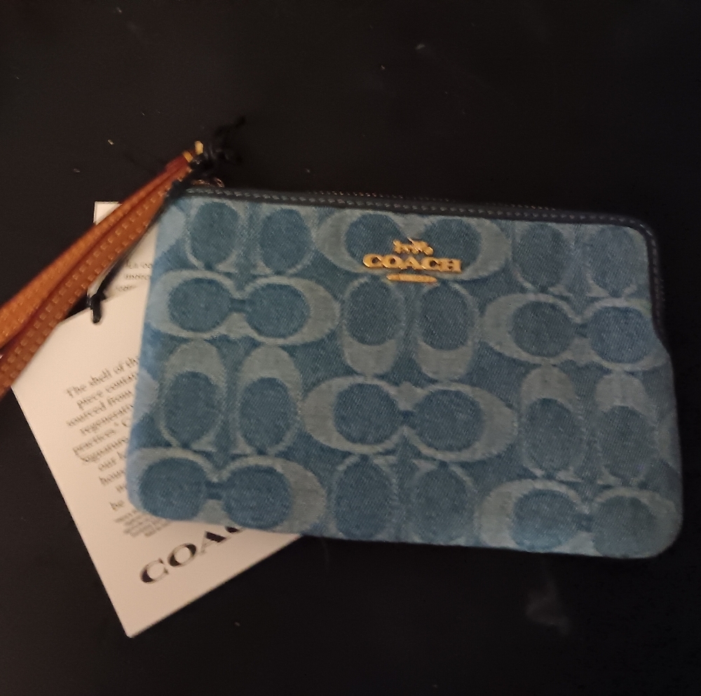 Coach Denim Signature Wristlet with Tan Strap and Gold Logo